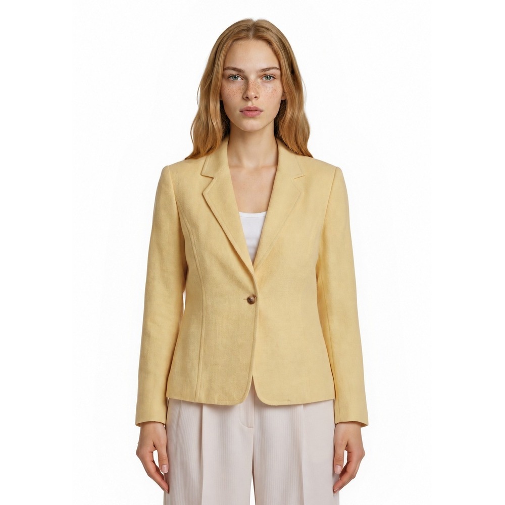 Talbots Blazer 100% Linen Womens Size 4 Petite Yellow Single Button Lined Jacket